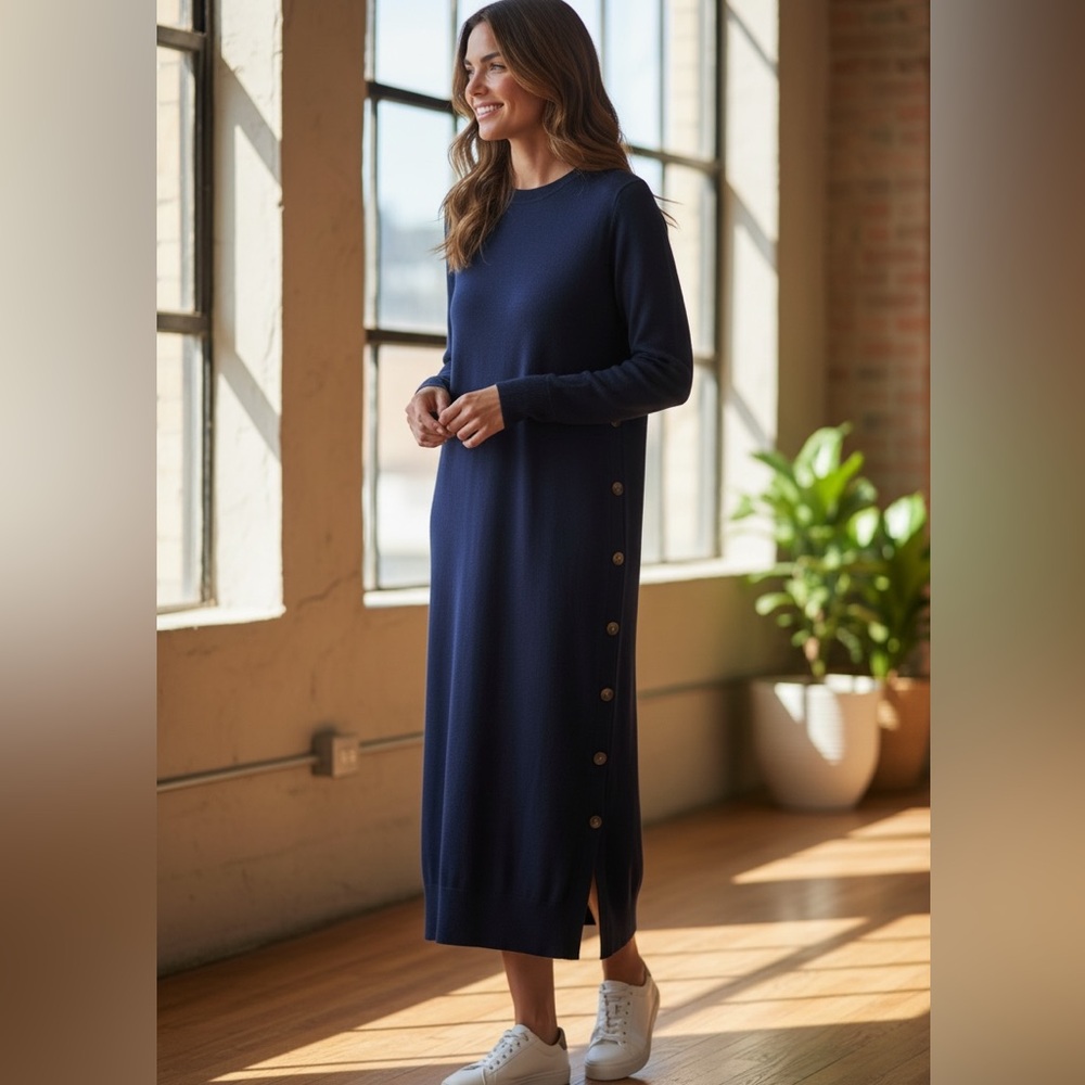 Boden Side Button Knitted‎ Navy Midi Dress